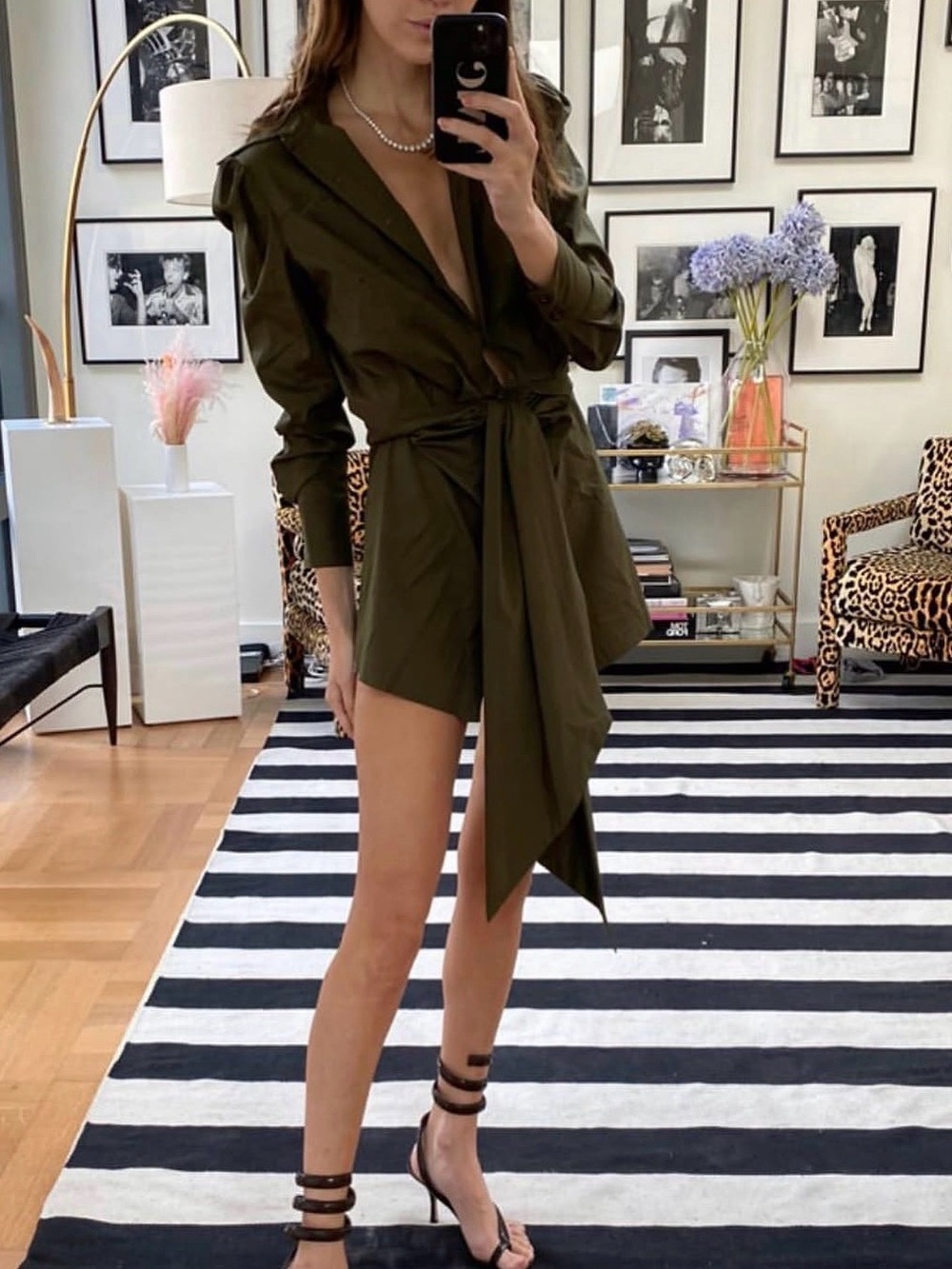 Petersyn Agnes Olive Green Mini Western Long Sleeve Shirt Dress Front Tie XS